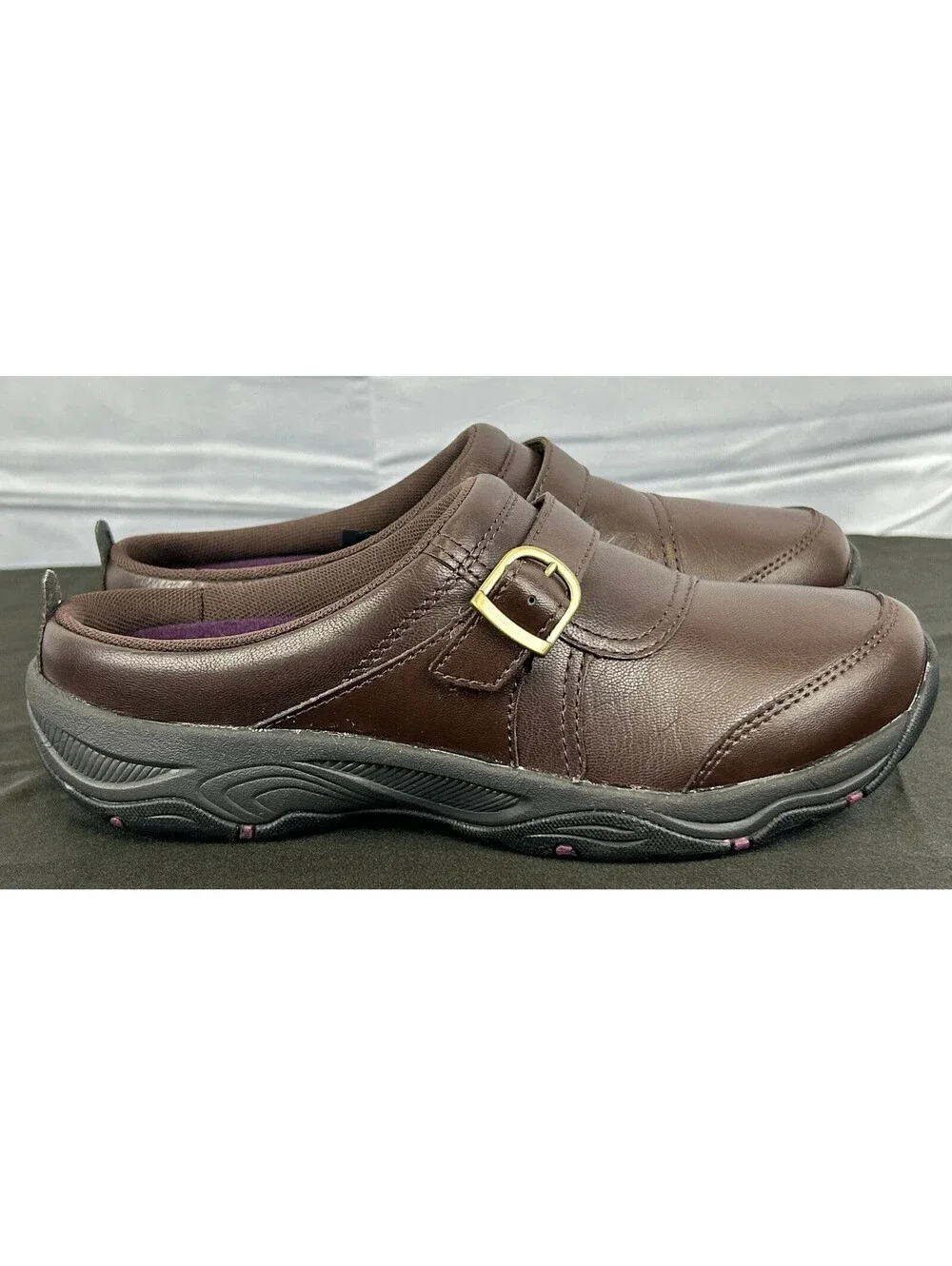 Easy Spirit Portilla Women Size 6.5 Slip-On Mule Clog Shoes Brown Leather Buckle